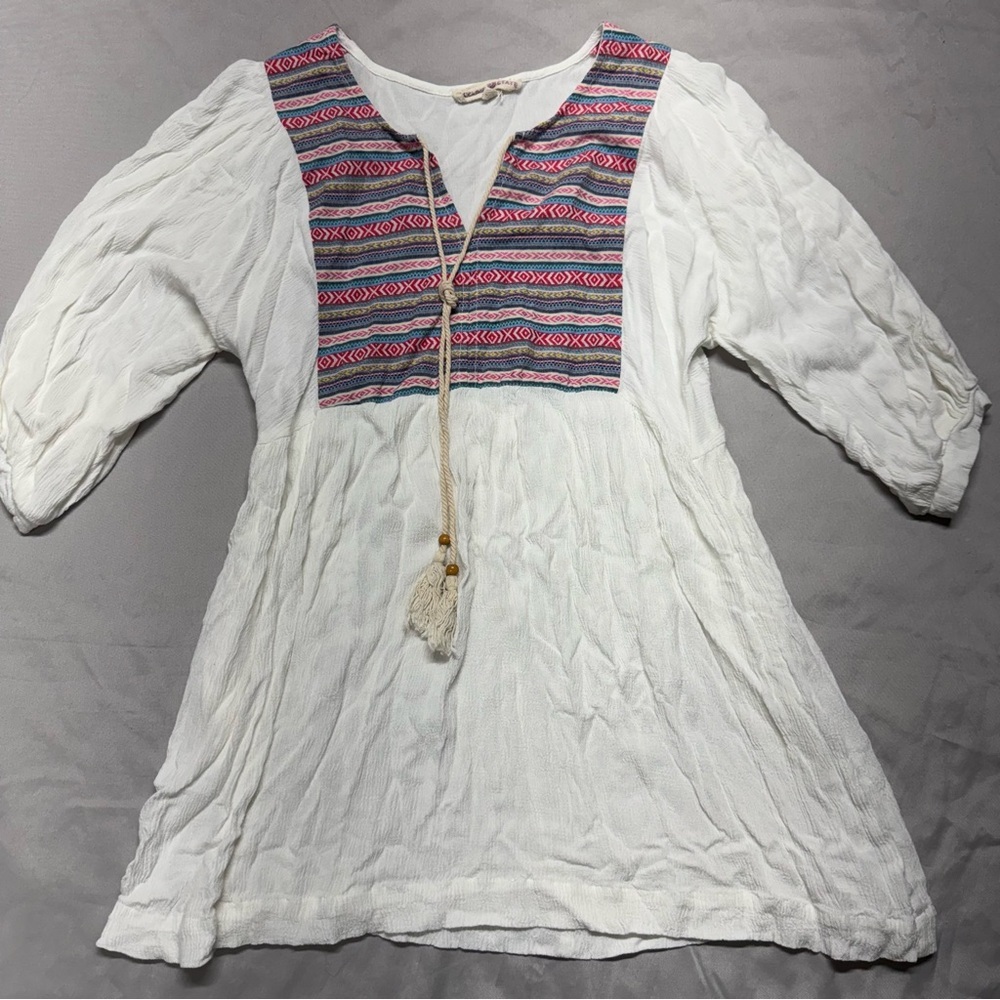 Altar'd State Tunic white multicolor print scoop-v-neck ties 3/4 sleeves Size S